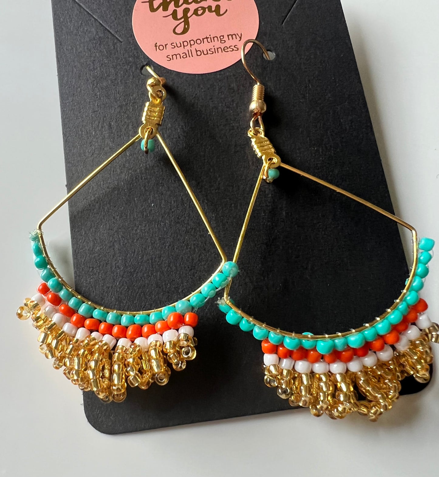 Fresca Blue & Gold Beaded Earrings – Handcrafted Seed-Bead Fringe Drops