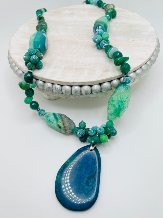 Natural Green & Teal Gemstone Necklace – Earthy Semi-Precious Statement Jewelry