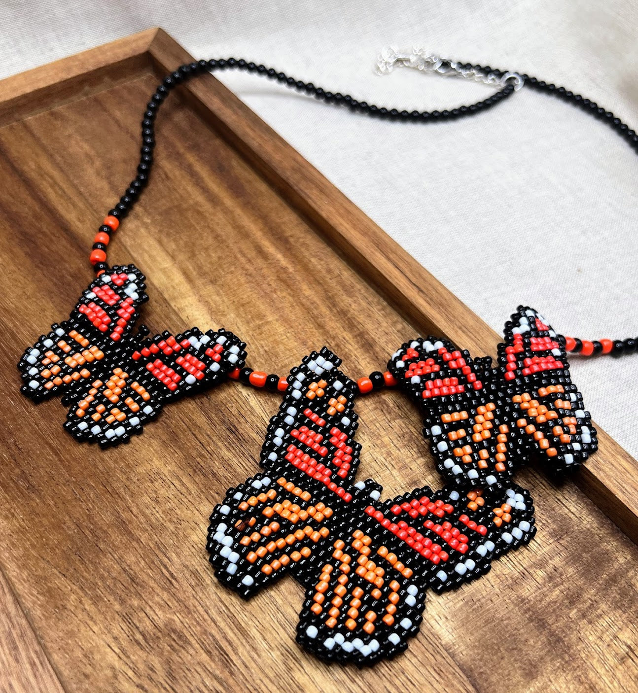 Beaded 3 Small Orange & Black Butterflies Necklace