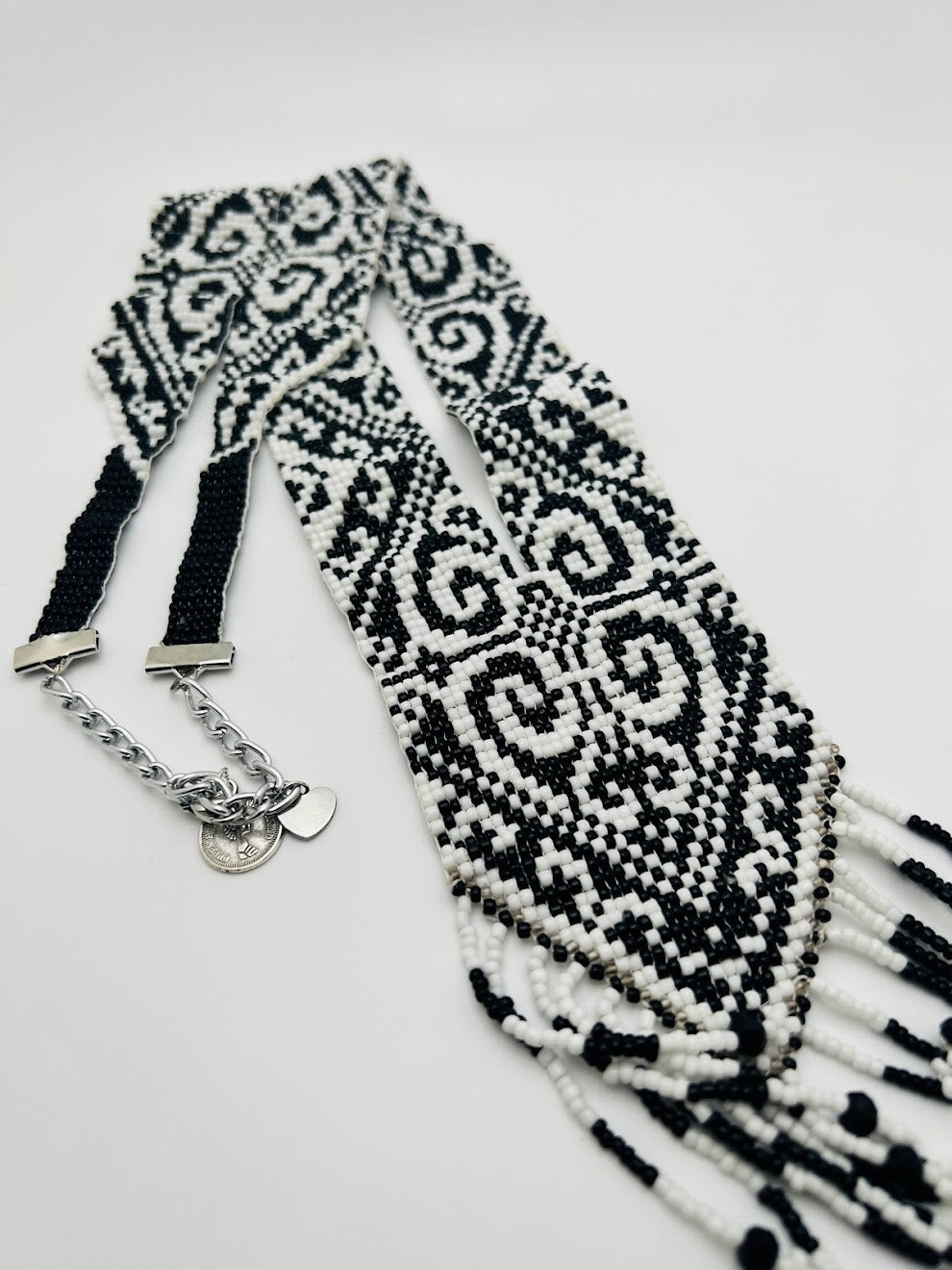 Black Geometric Swirly Loom‑Beaded Statement Necklace