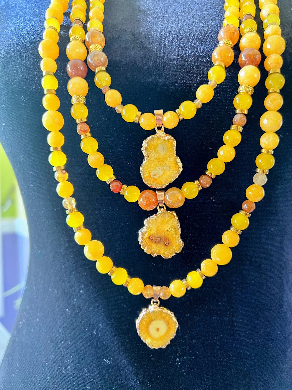 Natural Yellow Gemstone & Agate Charm Necklace