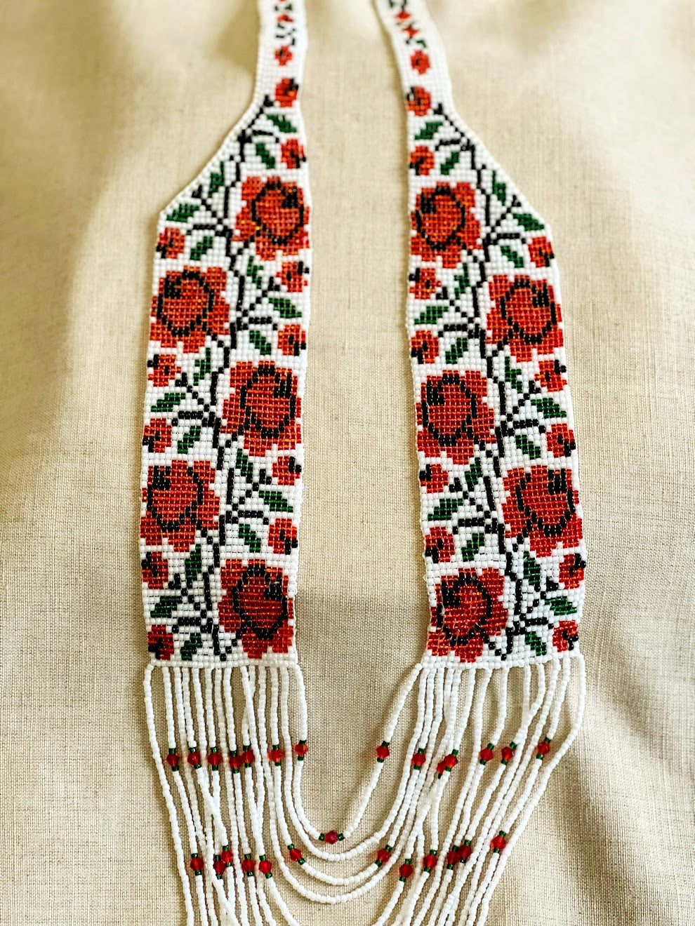 Red Flower & Green Leaf Beaded Statement Necklace