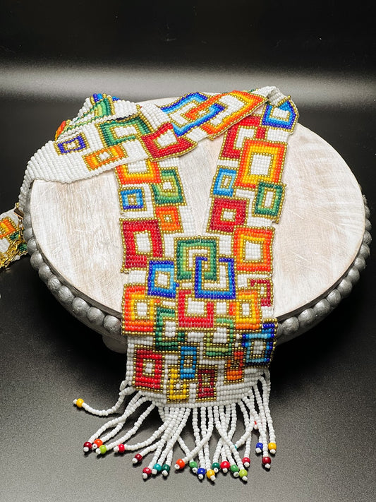 Beaded Orange, Blue & Red Geometric Necklace