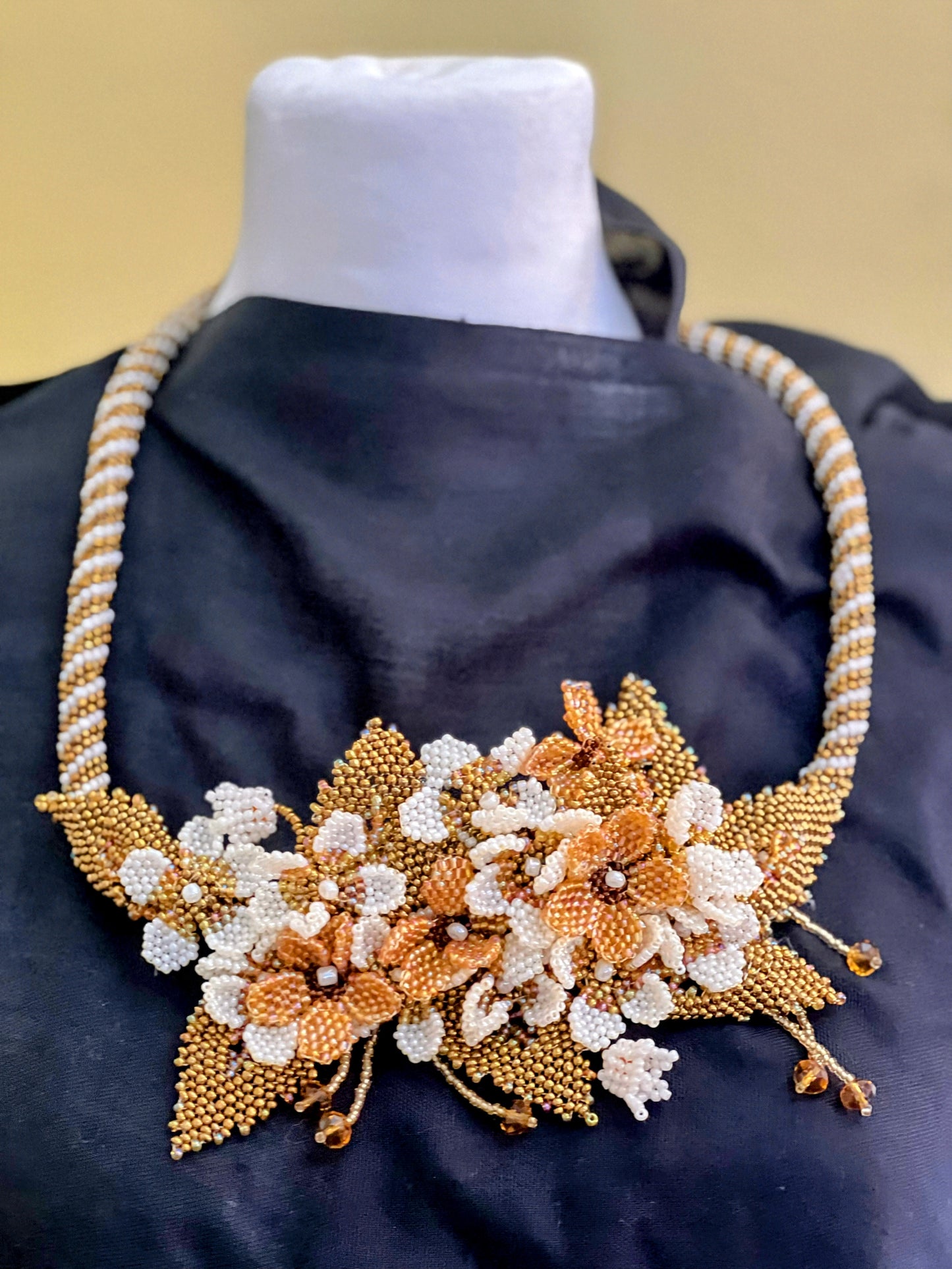 Handmade Gold Necklace with A Garden of 3D Flowers, Beaded and Loved