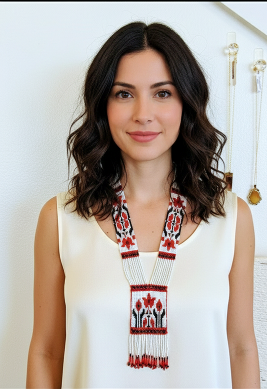 Red Lotus Flower Loom‑Beaded Necklace – Handwoven Czech-Glass Seed Beads