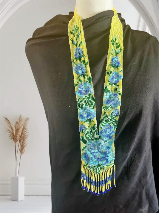 Blue Camellia Flower Necklace β Yellow Loom Beaded Statement Jewelry