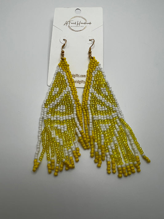 Handmade Beaded Yellow Long Earrings – Elegant Statement Jewelry