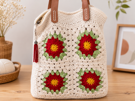 Handmade Crochet Red Flower Big Shoulder Bag – Spacious & Stylish