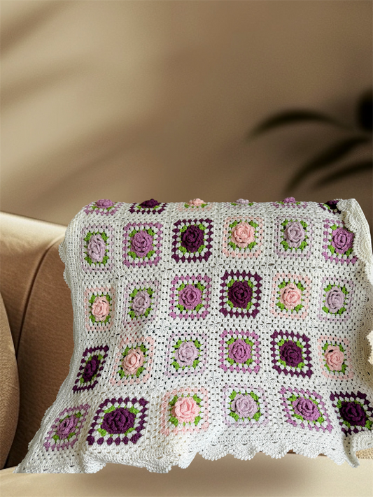 Soft Pink & Purple & White Flowers Baby Blanket – Handmade Cozy Comfort