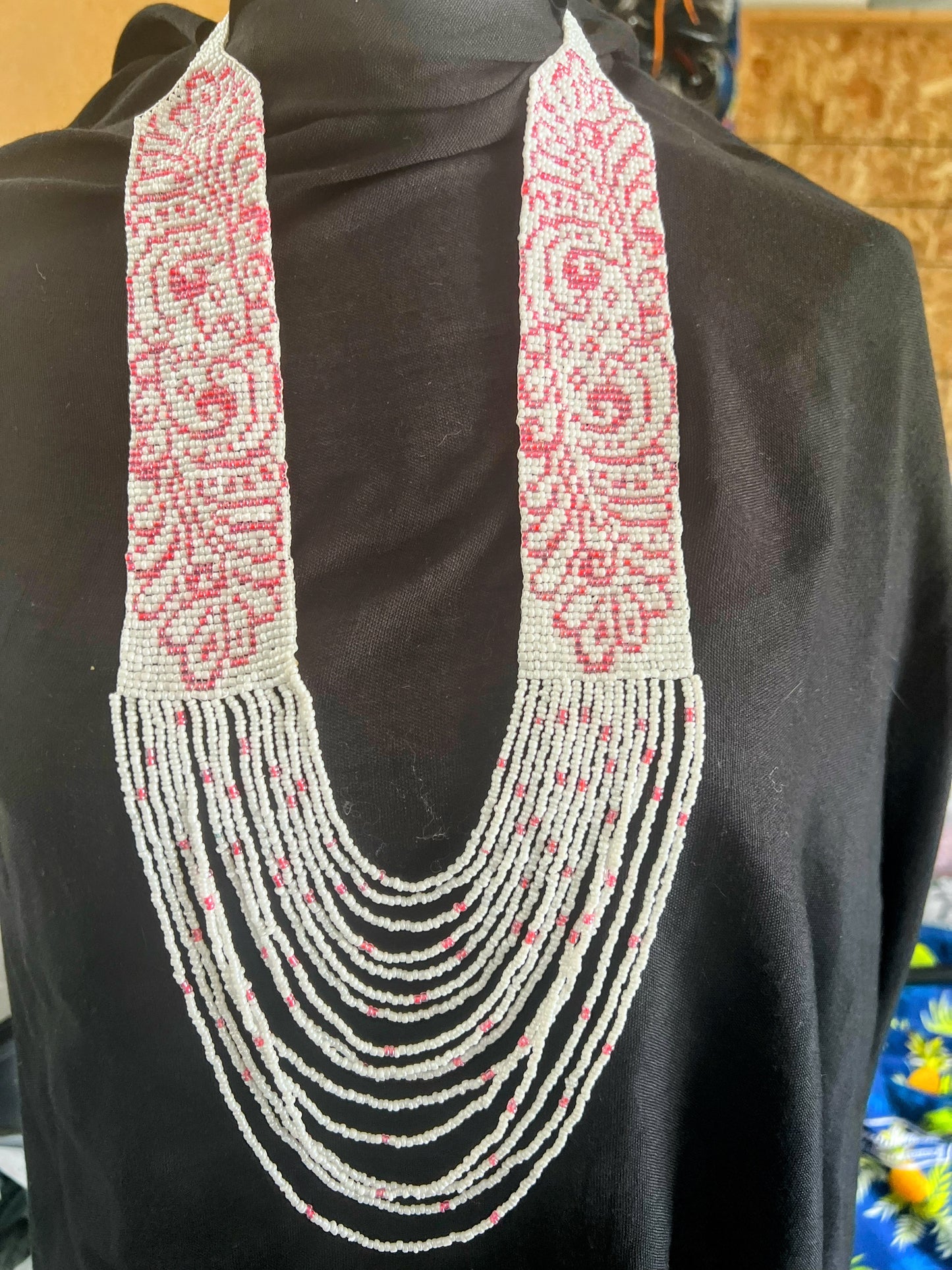 Black Geometric & Swirly Loom‑Beaded Statement Necklace