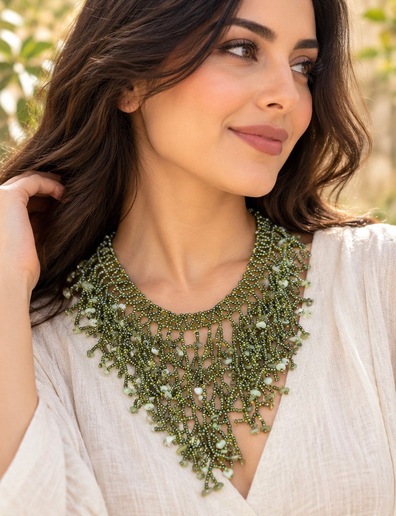 Handmade Light Green Seaweed Design Dangling Beaded Necklace – Boho Statement Jewelry