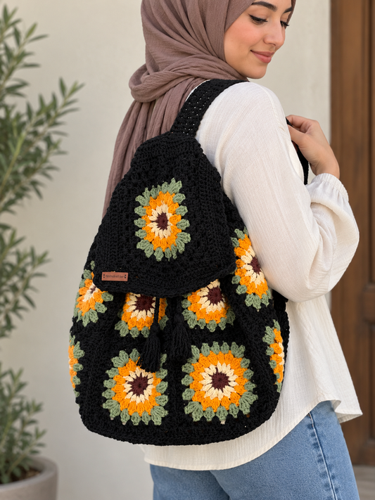 Handmade Crochet Floral Black Backpack - Boho Granny Square Backpack - Cottage-core Handmade Bag