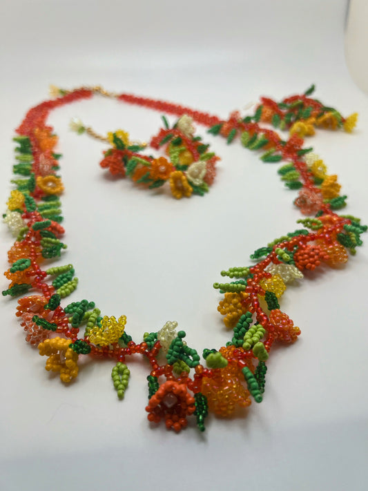 Exquisite Hand-Beaded Orange Floral Garland Jewelry Set - Necklace, Bracelet & Earrings