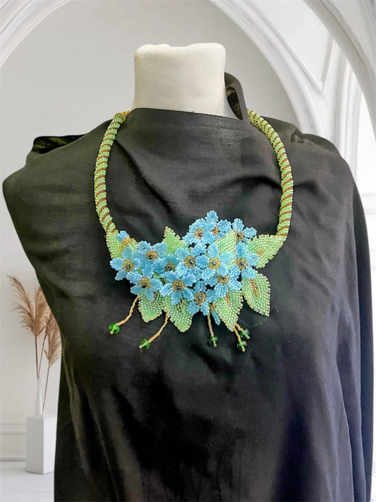 Handmade Blue Necklace with A Garden of 3D Flowers, Beaded and Loved