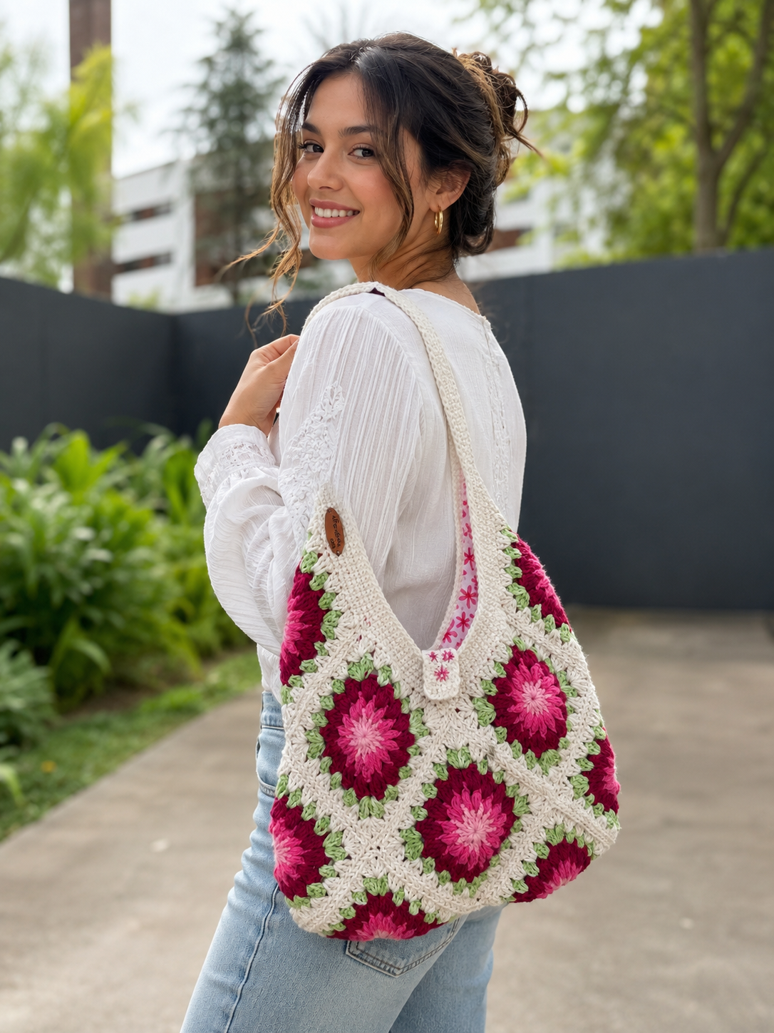Handmade Crochet Pink Flower Big Shoulder Bag – Spacious & Stylish