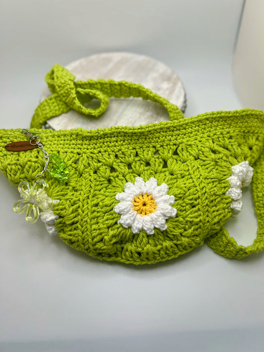 Handmade Crochet Cross Body Green with White Flower Bag with Adjustable Strap – Stylish & Practical