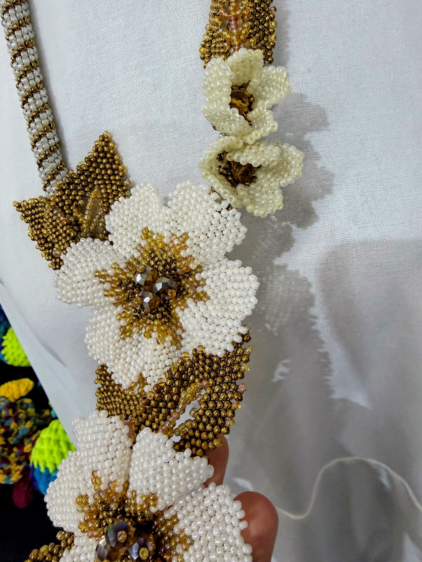 Handmade Beaded Floral Statement Necklace – Ivory & Antique Gold