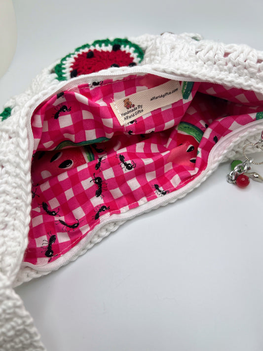 Handmade Crochet White Bag with Watermelon Slices – Cute Accessory for Girls & Teens