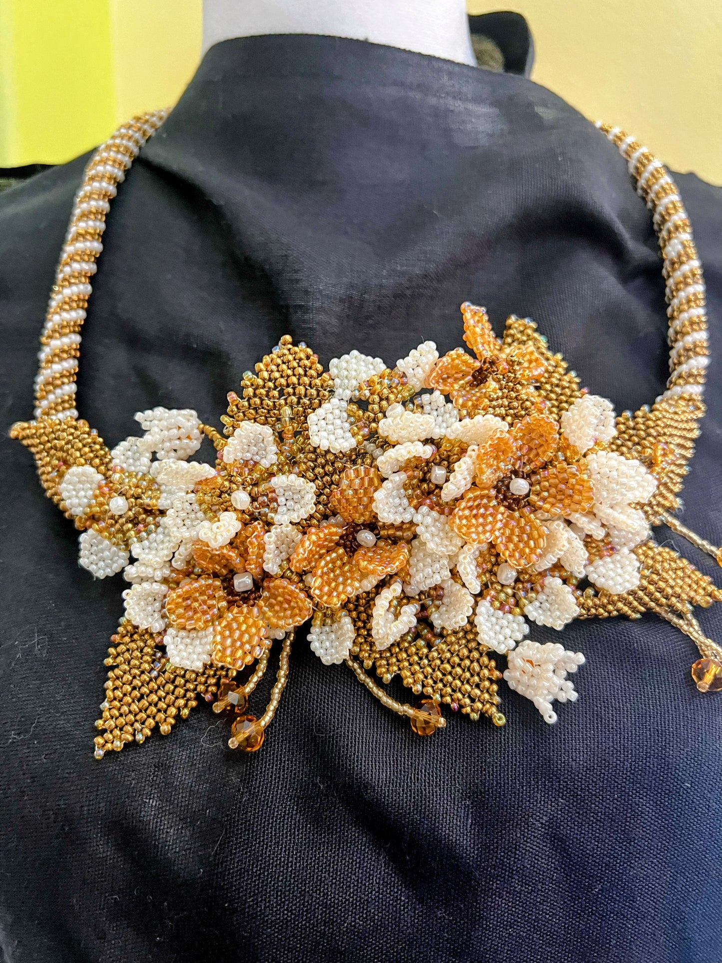 Handmade Gold Necklace with A Garden of 3D Flowers, Beaded and Loved