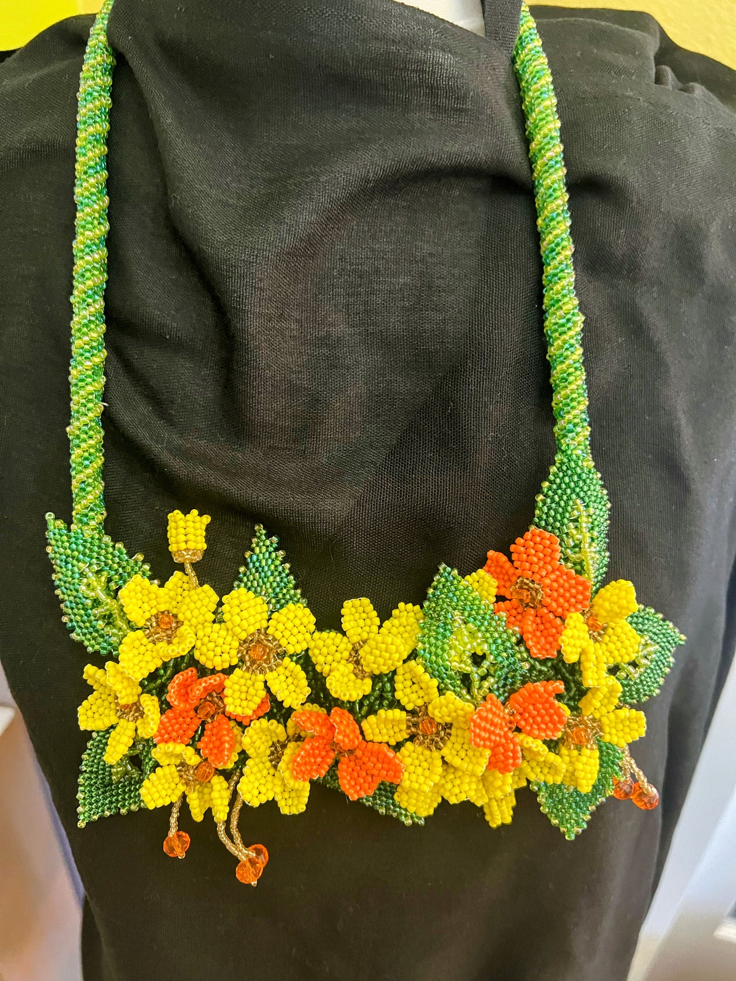 Handmade Yellow Necklace with A Garden of 3D Flowers, Beaded and Loved