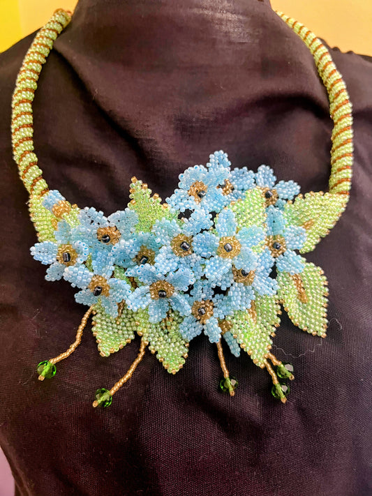 Handmade Blue Necklace with A Garden of 3D Flowers, Beaded and Loved