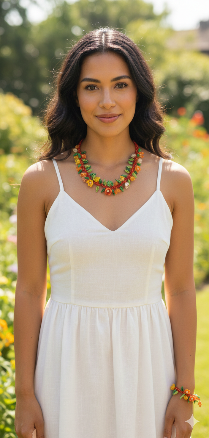 Exquisite Hand-Beaded Orange Floral Garland Jewelry Set - Necklace, Bracelet & Earrings