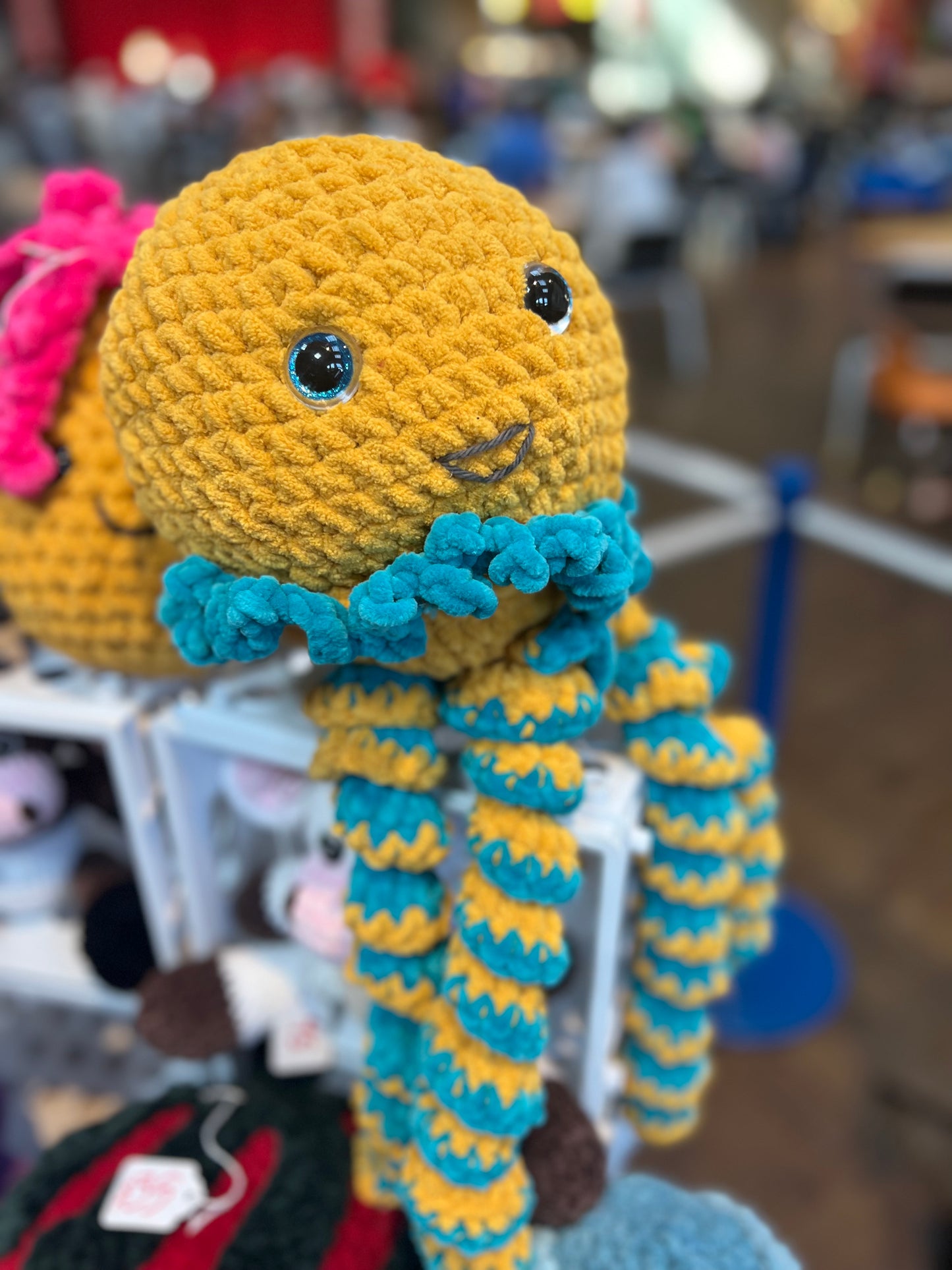 Stuffed Mustard Yellow & Teal Big Jellyfish - Crochet Knitted Amigurumi Toy