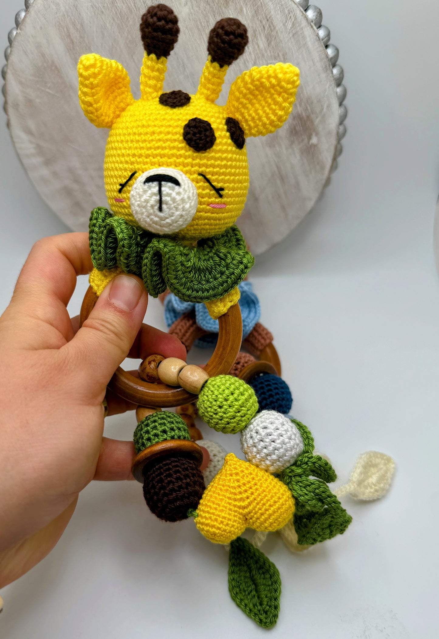 Crochet Amigurumi Rattle Toys with Wood handles– Soft Montessori Rattle Toy for babies