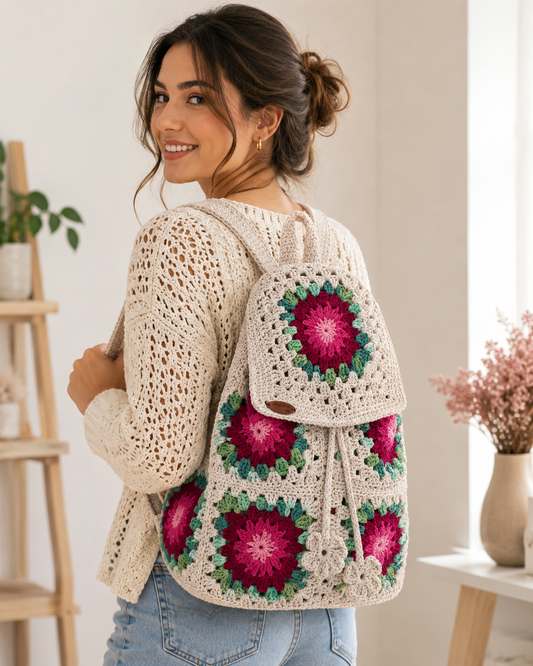 Handmade Crochet Floral Backpack | Boho Granny Square Backpack | Cottagecore Handmade Bag