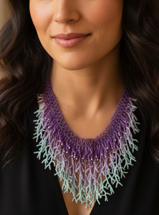 Silver & Purple Seaweed Necklace – Handmade Ocean-Inspired Beaded Statement Jewelry