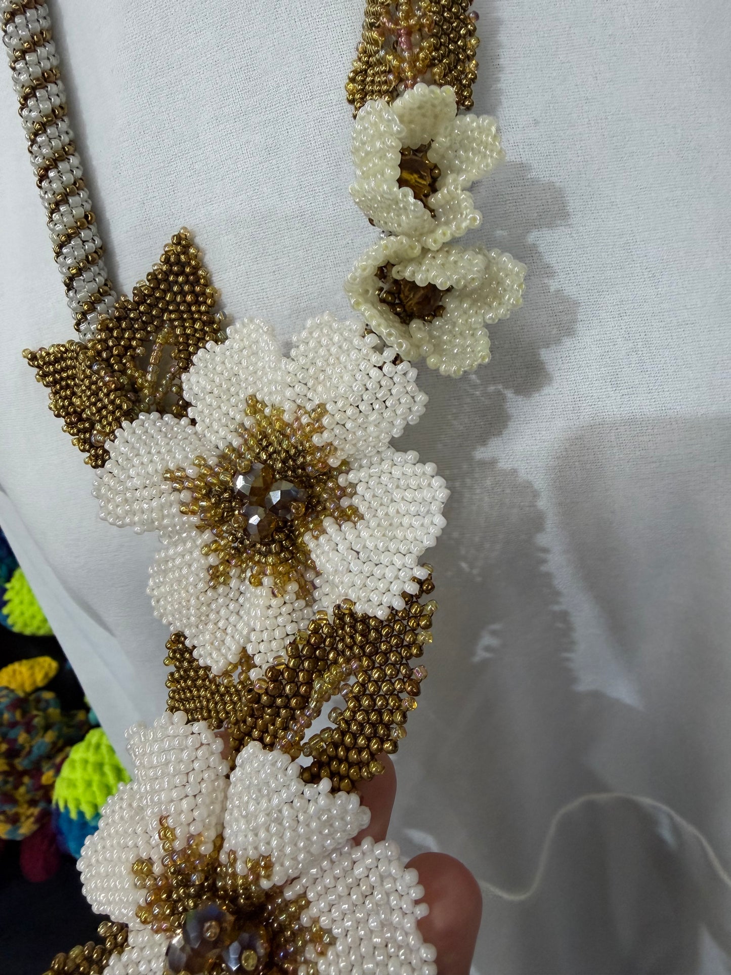 Handmade Beaded Floral Statement Necklace – Ivory & Antique Gold