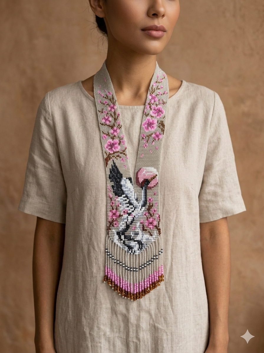Handmade Loom Beaded Necklace – Colorful Gray Heron Bird with Cherry Blossom Tree Statement Jewelry