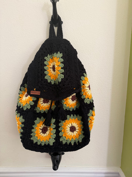 Handmade Crochet Floral Black Backpack - Boho Granny Square Backpack - Cottage-core Handmade Bag