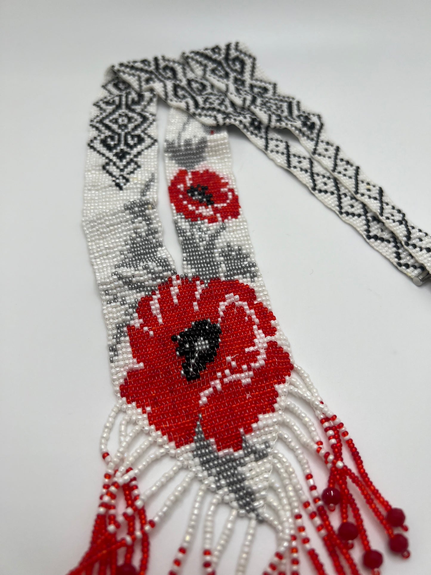 Red with Silver Floral Loom‑Beaded Necklace – Handwoven Glass Seed‑Bead Statement Piece
