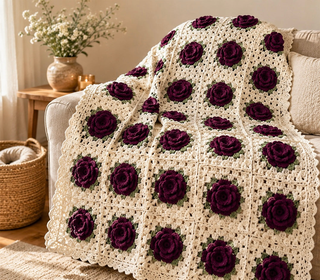 Elegant Handmade Wool 3D Purple Flower Blanket - Handmade Cozy Warm