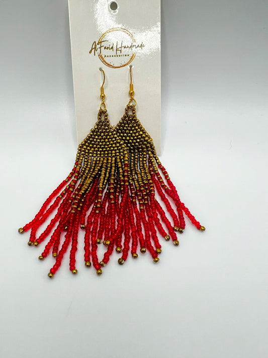 Red & Gold Beaded Fringe Earrings – Handcrafted Statement Jewelry