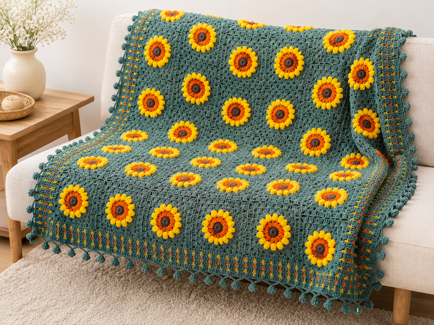 Soft Sunflower Flowers Green Blanket – Handmade Cozy Comfort