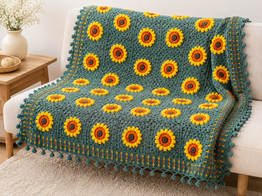 Soft Sunflower Flowers Green Blanket – Handmade Cozy Comfort