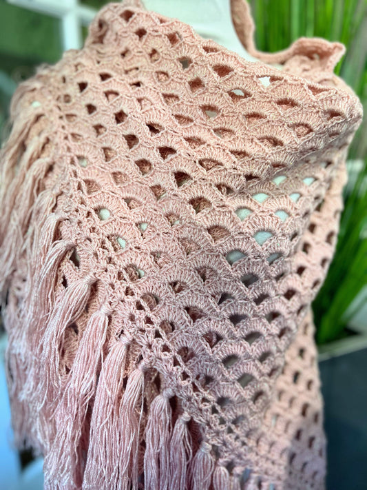 Wool Rose Triangle Shawl – Hand‑Crocheted Boho Wrap with Rose Motif & Fringe