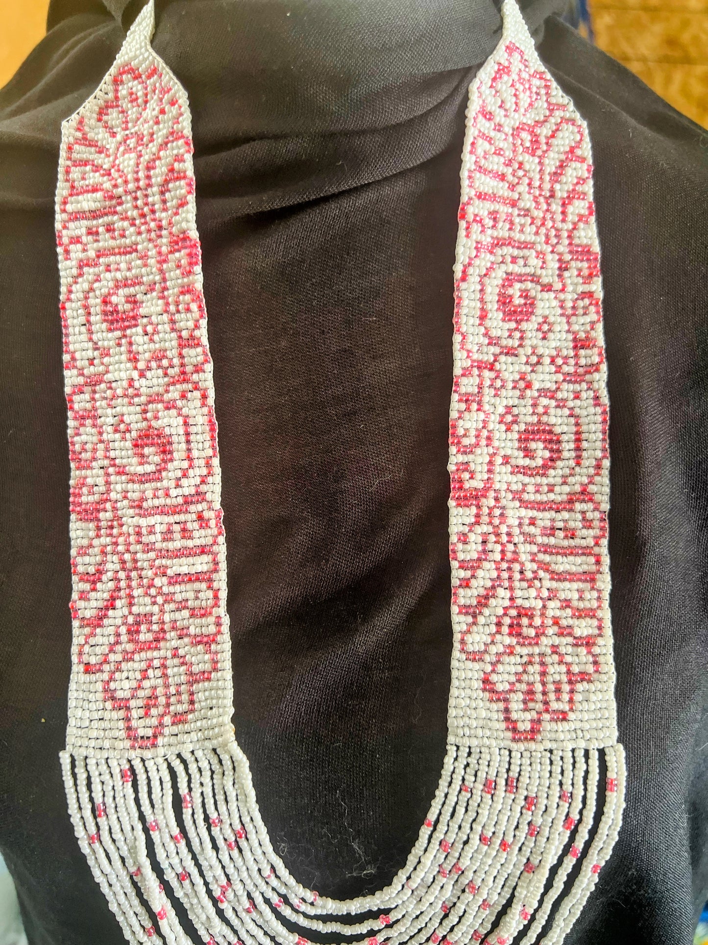 Black Geometric & Swirly Loom‑Beaded Statement Necklace
