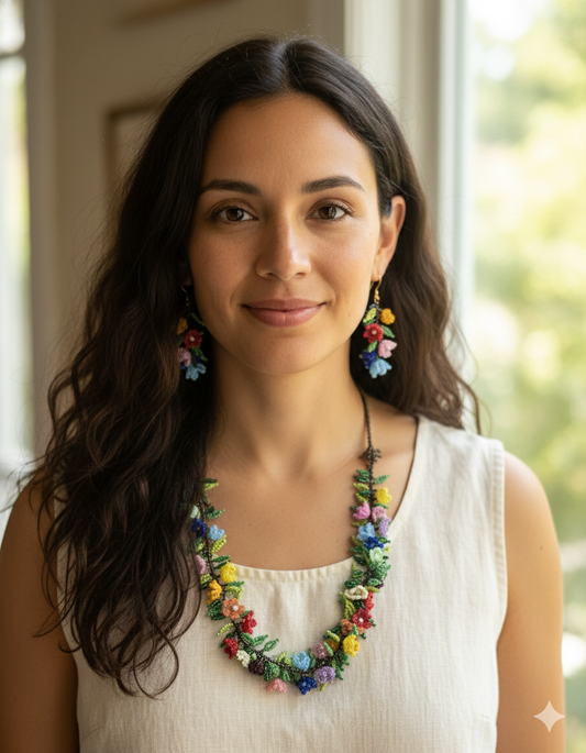 Exquisite Hand-Beaded Floral Garland Jewelry Set - Necklace, Bracelet & Earrings