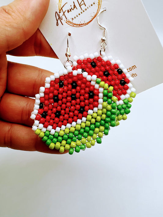 Beaded Watermelon Slice Earrings – Handmade Summer Fruit Statement Jewelry