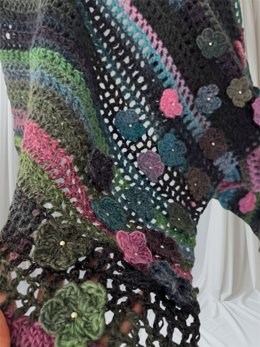 Twilight Haze Wool Crochet Shawl – Handmade Rectangle Wrap in Muted Tones