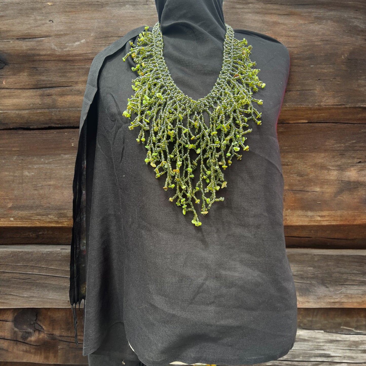 Green Dangling Beaded with Natural Stones Necklace