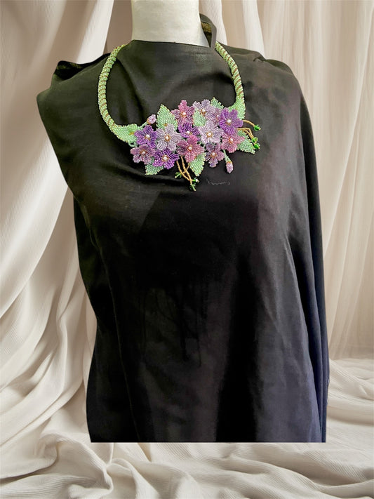 Handmade Violet Necklace with A Garden of 3D Flowers, Beaded and Loved