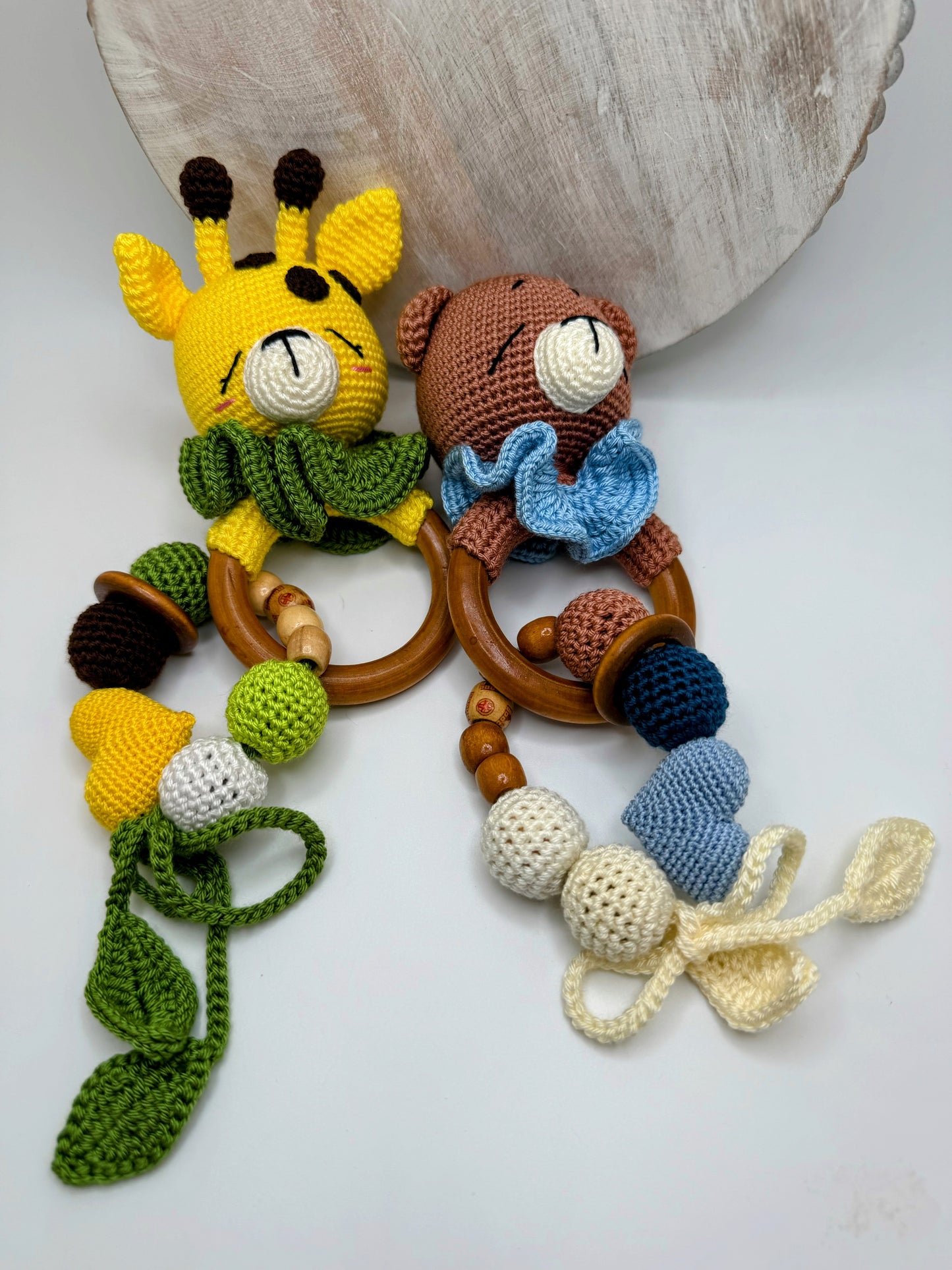 Crochet Amigurumi Rattle Toys with Wood handles– Soft Montessori Rattle Toy for babies