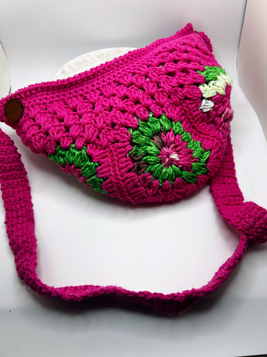 Handmade Crochet Cross Body Hot Pink Bag with Adjustable Strap – Stylish & Practical