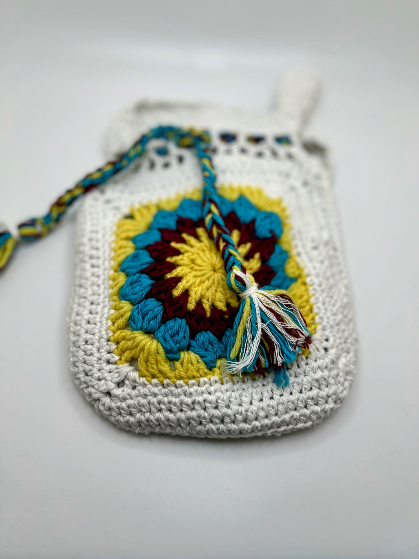Crochet White Bag With Blue Yellow Flower- For Girls & Teens