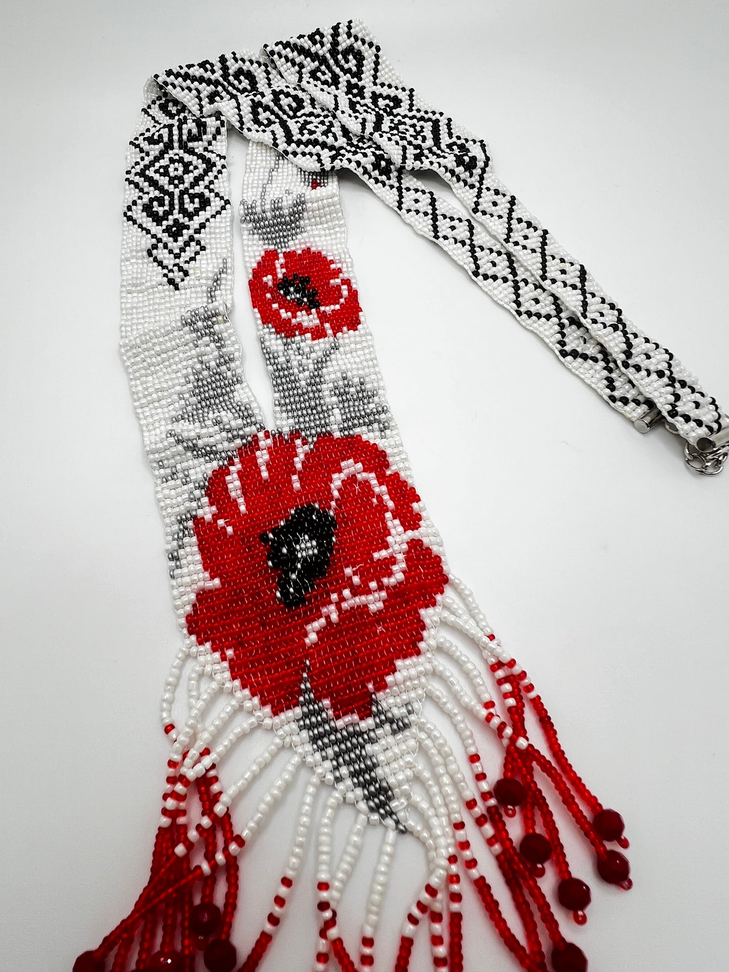 Red with Silver Floral Loom‑Beaded Necklace – Handwoven Glass Seed‑Bead Statement Piece
