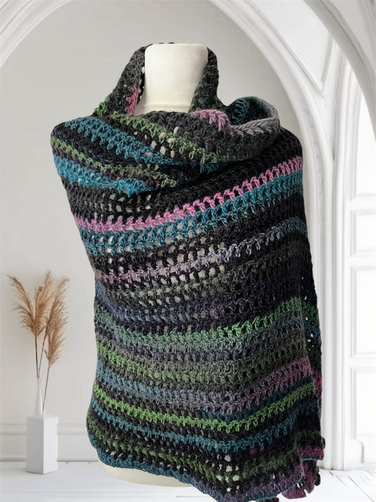 Twilight Haze Wool Crochet Shawl – Handmade Rectangle Wrap in Muted Tones